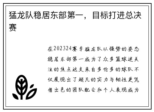 猛龙队稳居东部第一，目标打进总决赛
